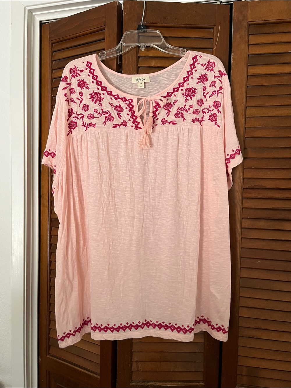 Style & Co. Pink Embroidered Peasant Blouse with Tassel Tie